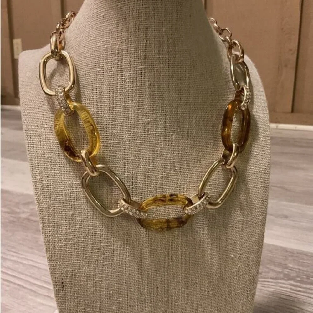 Mixed Gold Chunky Tortoise Shell Rhinestone Link Necklace - Picture 1 of 4